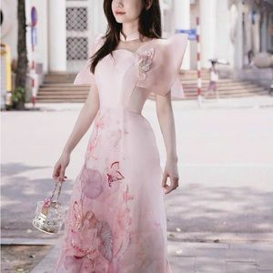 Special Designed 3D Floral Vietnamese dress Ao Dai (nude pink)